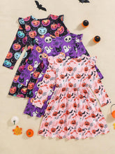3pcs/Set Cute Halloween Pumpkin, Bat, Black Cat & Monsters Print Ruffle Trim Girls Long Sleeve Dress, Spring/Autumn